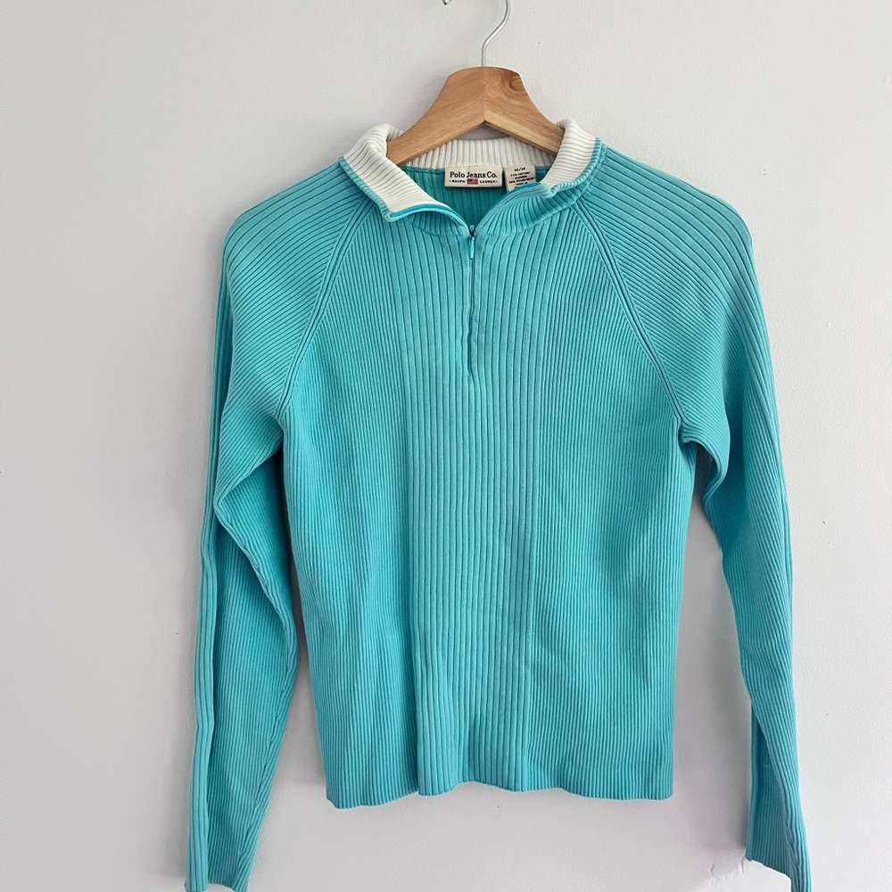 Ralph Lauren Blue and White Cowl Turtleneck Sweater